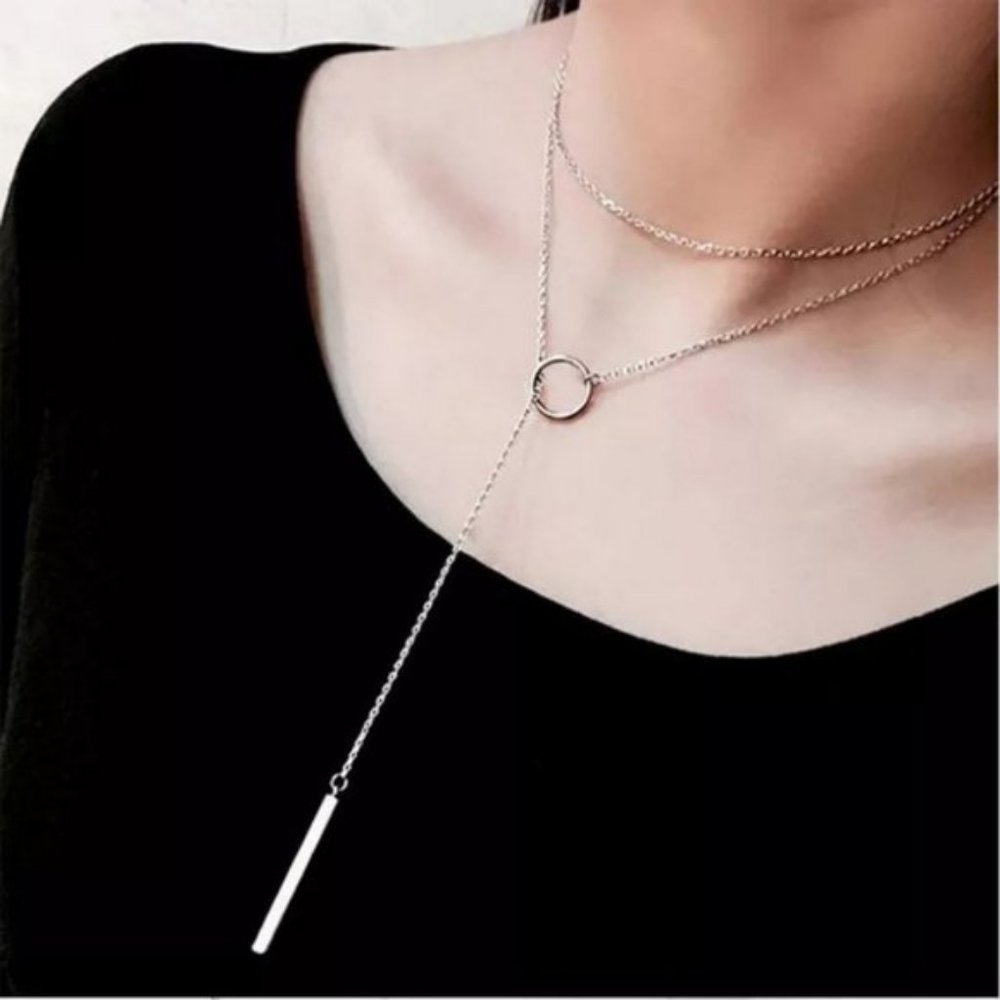NEW 925 Silver Bar Circle Toggle Necklace - Picture 6 of 7